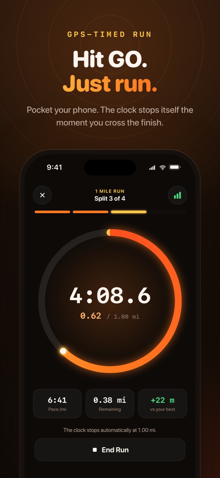Live run: 4:08.6 elapsed at 0.62 of 1.00 mile, split 3 of 4, 22 meters ahead of your best.