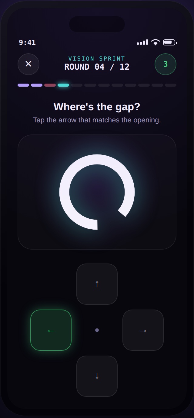 A sprint round: a ring with a gap and four arrow buttons, round 4 of 12.